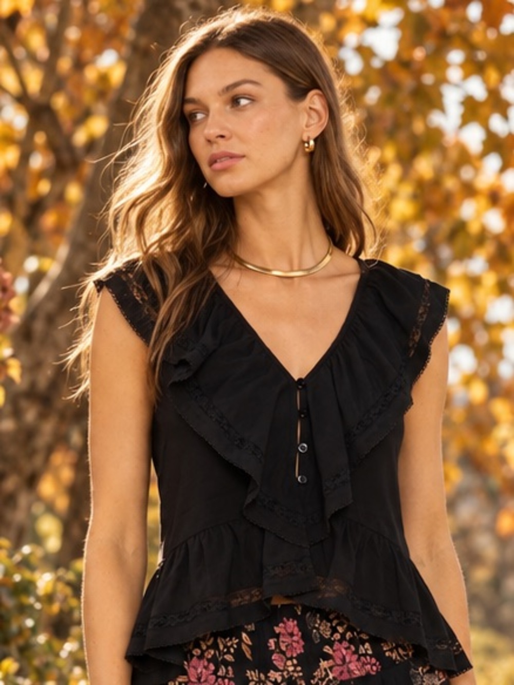 Lovestitch Black Ruffle Top with Lace Accents